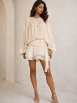Robe courte à manches lanternes pour femme - Taille cintrée plissée et évasée - Tenue cocktail printanière 2026