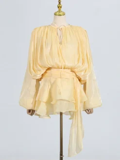 Robe courte à manches lanternes pour femme - Taille cintrée plissée et évasée - Tenue cocktail printanière 2026