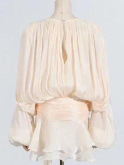Robe courte à manches lanternes pour femme - Taille cintrée plissée et évasée - Tenue cocktail printanière 2026