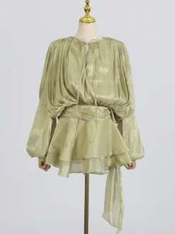 Robe courte à manches lanternes pour femme - Taille cintrée plissée et évasée - Tenue cocktail printanière 2026