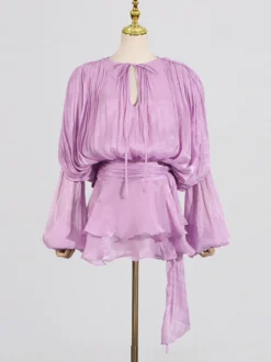 Robe courte à manches lanternes pour femme - Taille cintrée plissée et évasée - Tenue cocktail printanière 2026
