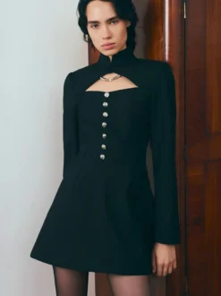 Robe courte à manches longues et découpes pour femme - Robe à col montant et boutons - Idéale pour une soirée romantique printanière 2026