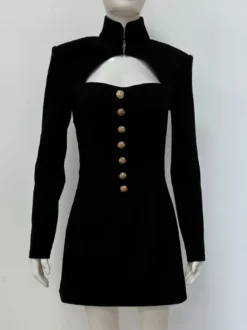 Robe courte à manches longues et découpes pour femme - Robe à col montant et boutons - Idéale pour une soirée romantique printanière 2026