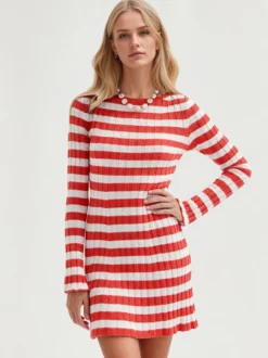 Robe courte moulante à rayures côtelées col rond et manches longues Daily Dresses