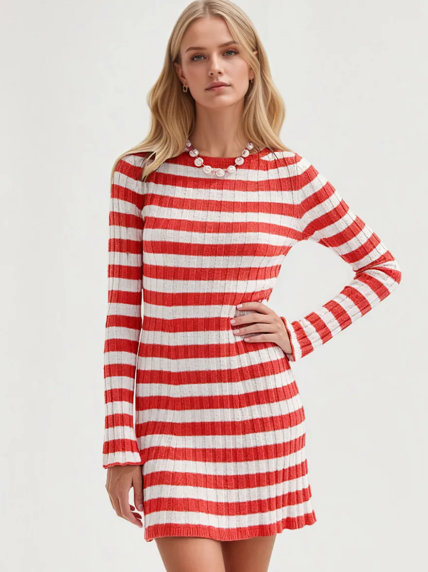 Robe courte moulante à rayures côtelées col rond et manches longues Daily Dresses
