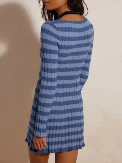 Robe courte moulante à rayures côtelées col rond et manches longues Daily Dresses