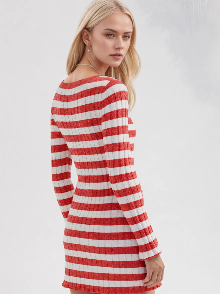 Robe courte moulante à rayures côtelées col rond et manches longues Daily Dresses