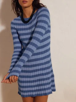 Robe courte moulante à rayures côtelées col rond et manches longues Daily Dresses