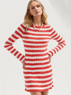 Robe courte moulante à rayures côtelées col rond et manches longues Daily Dresses
