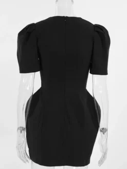 Robe courte noire à col en V pour femme - Manches bouffantes élégantes coupe sablier - Tenue élégante pour un rendez-vous galant 2026