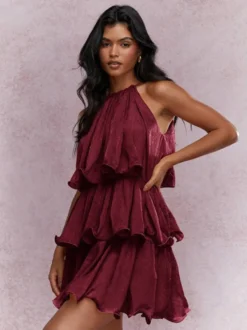 Robe courte orange rouge à volants sans manches et taille haute idéale pour tous les jours
