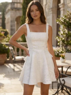 Robe courte à paillettes avec nœud dans le dos col carré coupe trapèze tenue de fête d'anniversaire pour femme 2026