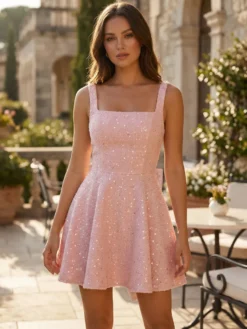 Robe courte à paillettes avec nœud dans le dos col carré coupe trapèze tenue de fête d'anniversaire pour femme 2026