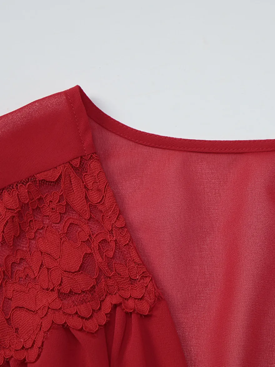 Robe courte patchwork en dentelle pour femme - Décolleté plongeant en V manches évasées taille empire - Idéale pour une soirée romantique à la plage au printemps 2026