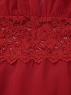 Robe courte patchwork en dentelle pour femme - Décolleté plongeant en V manches évasées taille empire - Idéale pour une soirée romantique à la plage au printemps 2026