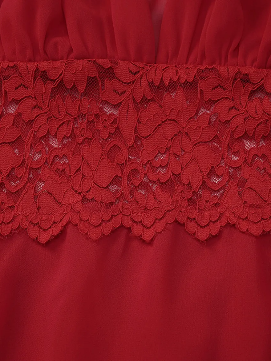 Robe courte patchwork en dentelle pour femme - Décolleté plongeant en V manches évasées taille empire - Idéale pour une soirée romantique à la plage au printemps 2026