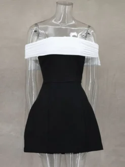 Robe courte à épaules dénudées avec nœud dans le dos coupe trapèze idéale pour une fête d'anniversaire ou un cocktail 2026