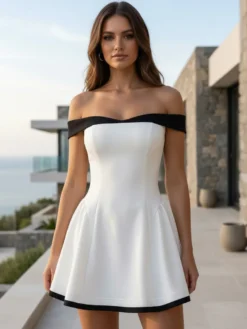 Robe courte à épaules dénudées et manches longues coupe trapèze tenue de soirée sexy pour femme 2026
