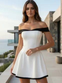 Robe courte à épaules dénudées et manches longues coupe trapèze tenue de soirée sexy pour femme 2026
