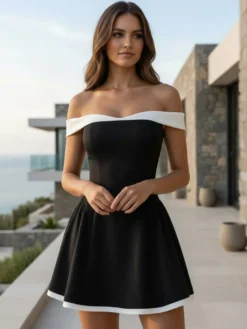 Robe courte à épaules dénudées et manches longues coupe trapèze tenue de soirée sexy pour femme 2026