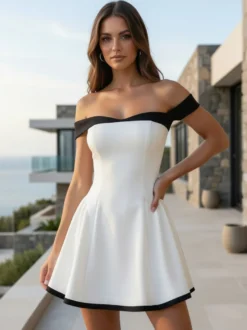 Robe courte à épaules dénudées et manches longues coupe trapèze tenue de soirée sexy pour femme 2026