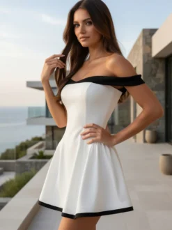 Robe courte à épaules dénudées et manches longues coupe trapèze tenue de soirée sexy pour femme 2026