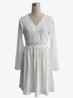 Robe courte pour femme manches longues col en V taille haute dentelle blanche décontractée