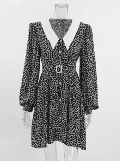 Robe courte vintage à fleurs pour femme - Manches bouffantes et ceinture - Col pointu - Tenue romantique pour une soirée en amoureux 2026