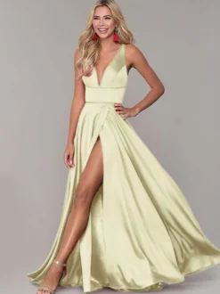 Robe cérémonie femme robe de soirée col V jupe fendue au sol