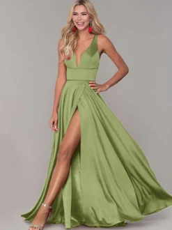 Robe cérémonie femme robe de soirée col V jupe fendue au sol