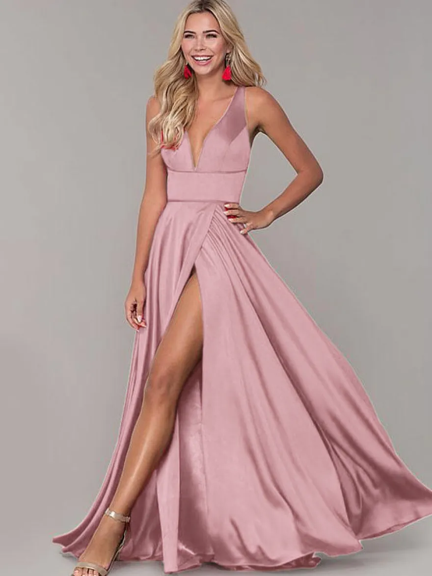 Robe cérémonie femme robe de soirée col V jupe fendue au sol