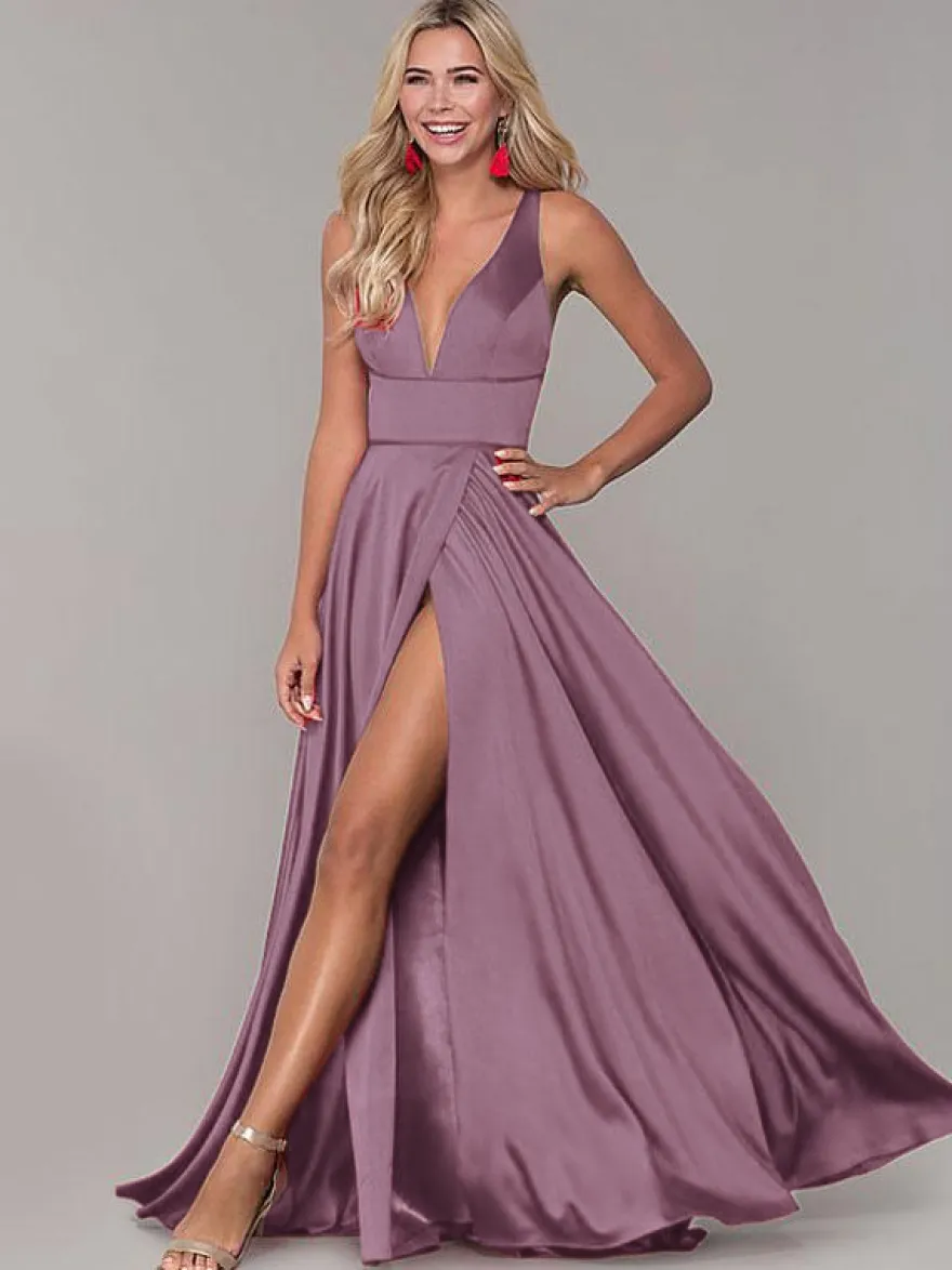 Robe cérémonie femme robe de soirée col V jupe fendue au sol