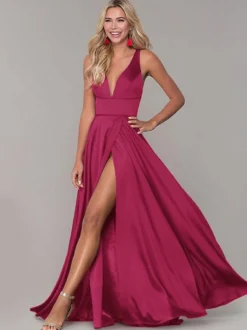 Robe cérémonie femme robe de soirée col V jupe fendue au sol
