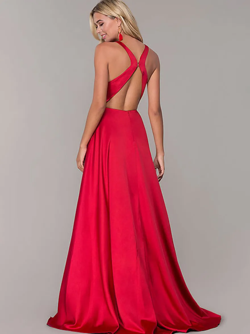 Robe cérémonie femme robe de soirée col V jupe fendue au sol