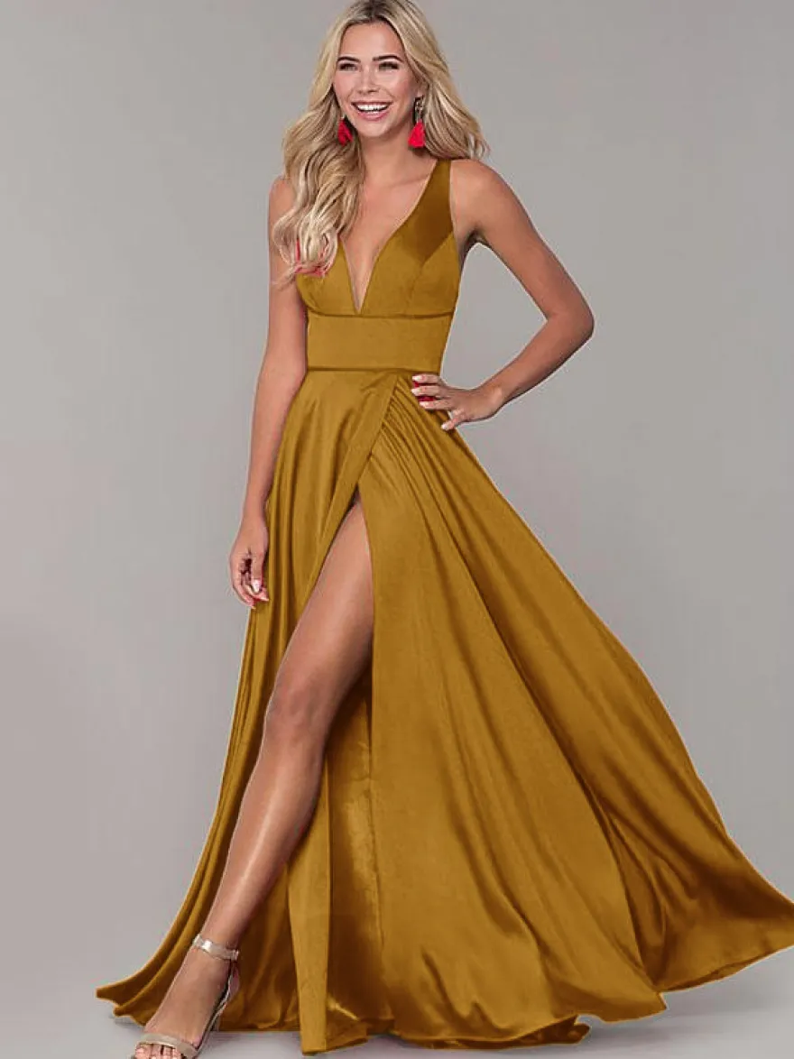 Robe cérémonie femme robe de soirée col V jupe fendue au sol
