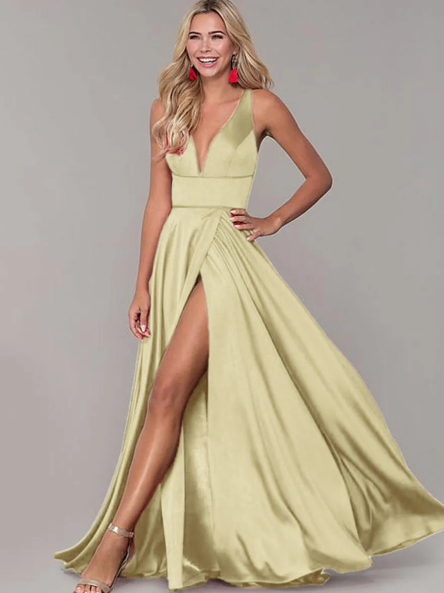 Robe cérémonie femme robe de soirée col V jupe fendue au sol