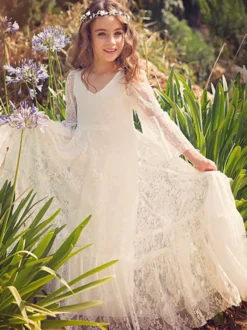 Robe cérémonie fille robe cortège bohème ivoire manche évasée en dentelle