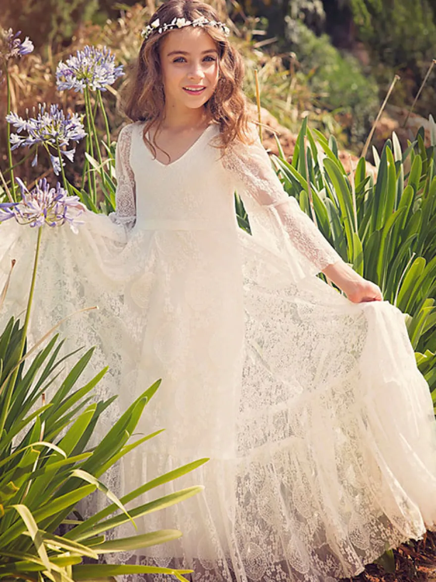 Robe cérémonie fille robe cortège bohème ivoire manche évasée en dentelle