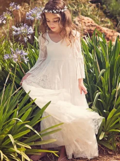 Robe cérémonie fille robe cortège bohème ivoire manche évasée en dentelle
