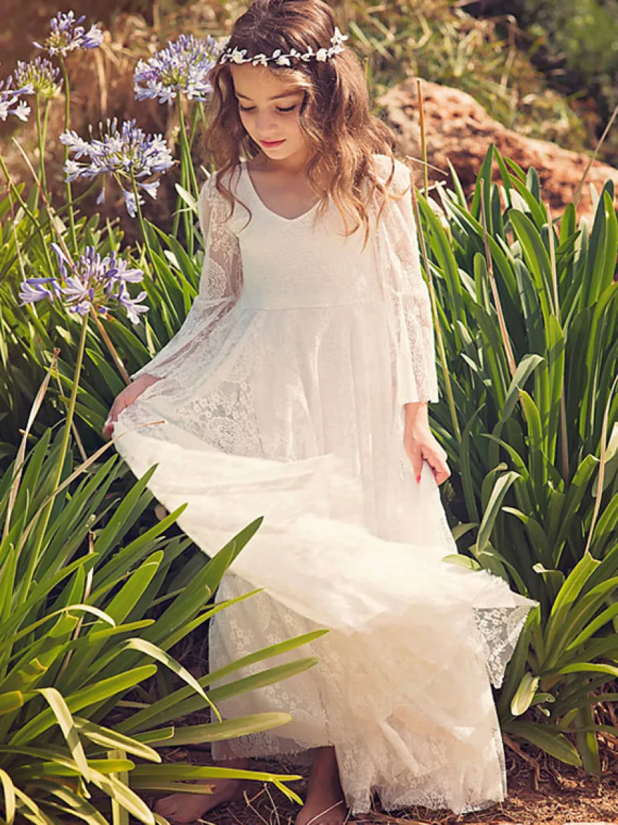 Robe cérémonie fille robe cortège bohème ivoire manche évasée en dentelle