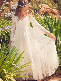 Robe cérémonie fille robe cortège bohème ivoire manche évasée en dentelle