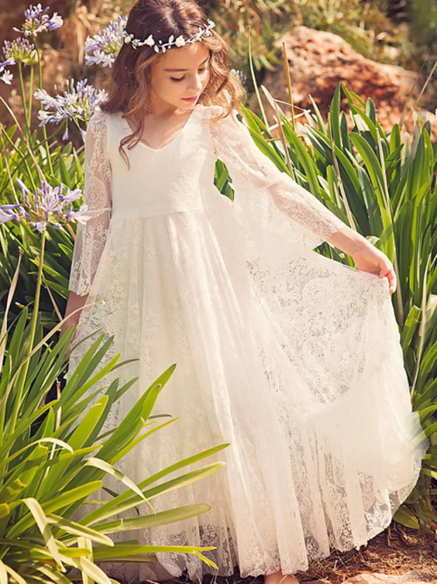 Robe cérémonie fille robe cortège bohème ivoire manche évasée en dentelle