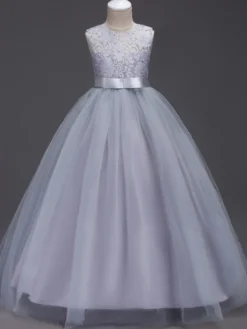 Robe cérémonie fille robe cortège enfant col rond décoré de noeud