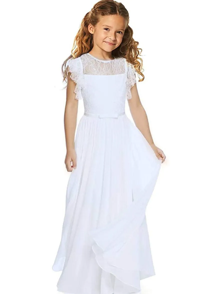 Robe cérémonie fille robe cortège enfant col rond sans manche zip sur dos au sol