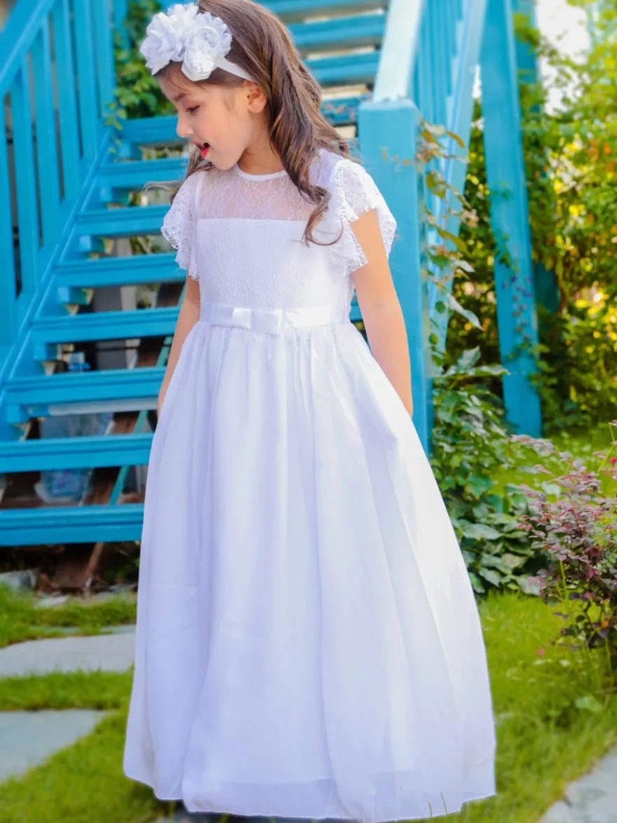 Robe cérémonie fille robe cortège enfant col rond sans manche zip sur dos au sol