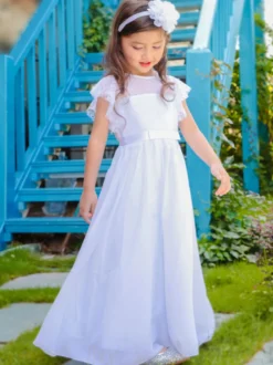 Robe cérémonie fille robe cortège enfant col rond sans manche zip sur dos au sol