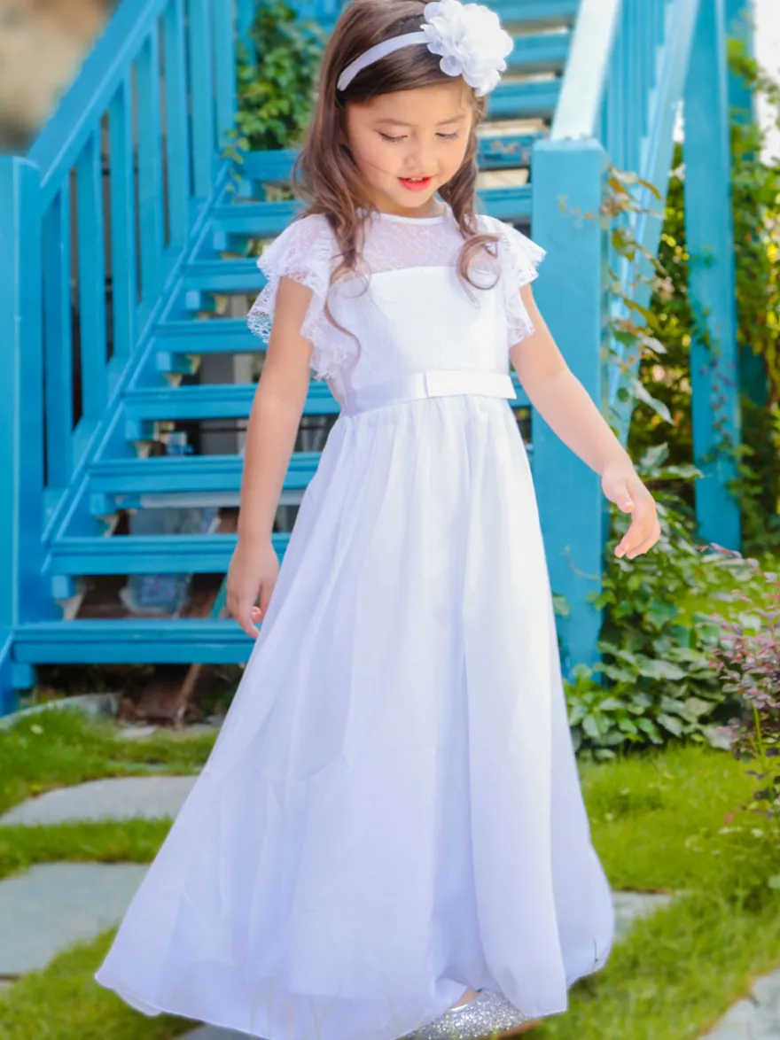 Robe cérémonie fille robe cortège enfant col rond sans manche zip sur dos au sol