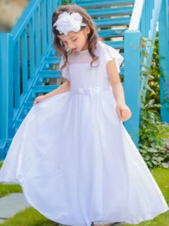 Robe cérémonie fille robe cortège enfant col rond sans manche zip sur dos au sol