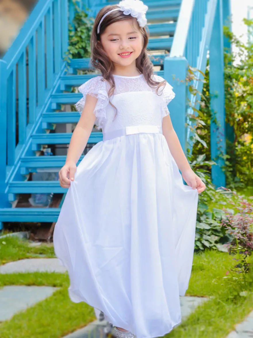 Robe cérémonie fille robe cortège enfant col rond sans manche zip sur dos au sol