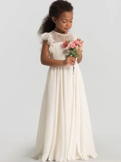 Robe cérémonie fille robe cortège enfant col rond sans manche zip sur dos au sol
